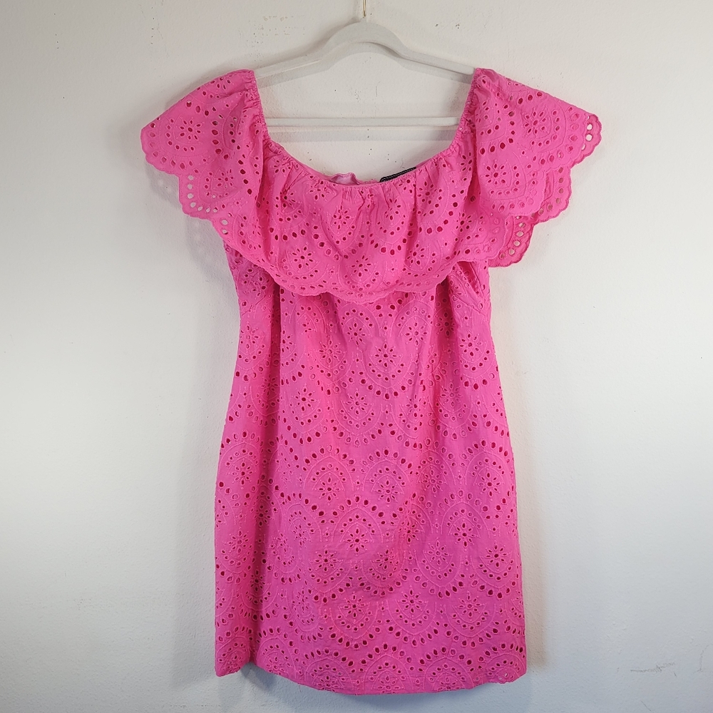 Jessica Howard Bright Pink Eyelet Off-Shoulder Midi Dress